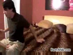 cuckold scene with a busty wife that fucks in bed as her husband has to sit and watch
