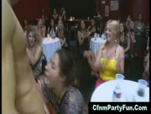 A group of celebrating bachorelettes having oral fun sucking a lucky single stripper