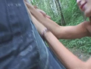 My beautiful thin girlfriend sucking my cock in the forest