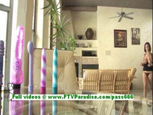 Meilani brunette babe with big tits toying pussy using a large dildo and having strong orgasm on the chair