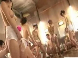 A group of beautiful teen Japanese soapland girls begin an orgy by rubbing their wet pussys up and down their horny clients bodies while another more adventurous one has her client rub his hard cock up and down her smooth tan leg and firm ass re