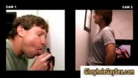 Straight guy gets sucked off through glory hole by gay guy while girl watches