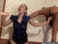 Movie showing 2 glamorous lesbians playing with each other and getting bukkaked in a bathroom