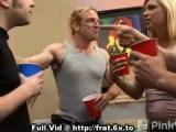 Blonde undresses and sucks dick at college frat house party.