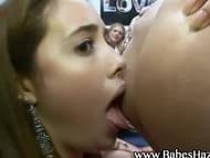 College teen babes line up and lick out sorority bitch while college teens watch