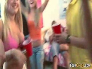 Party girls give blowjob then swap his semen at private dorm room party