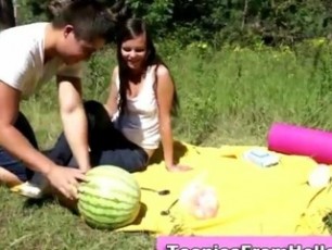 Sweet petite teen with small tits gets hot with guy in public outdoors