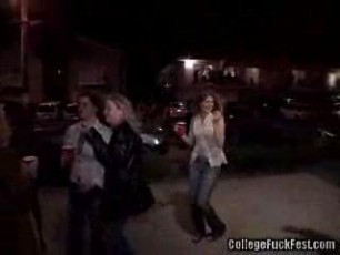 Amateur sluts get fucked while others watch at a kegger